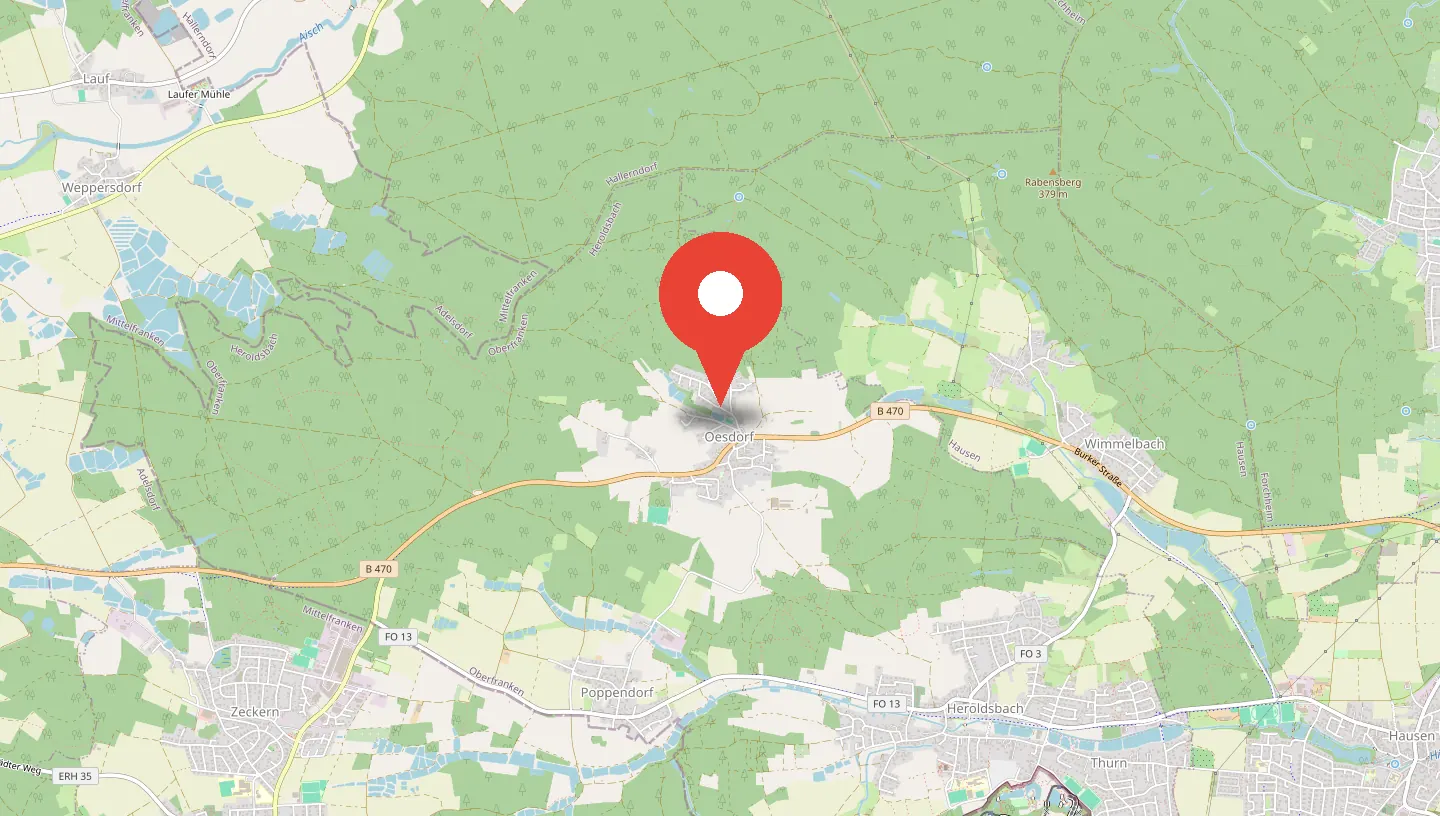 Satellitenansicht mit rotem Standort-Pin auf dem Firmensitz in der Siedlerstraße 7 in Heroldsbach